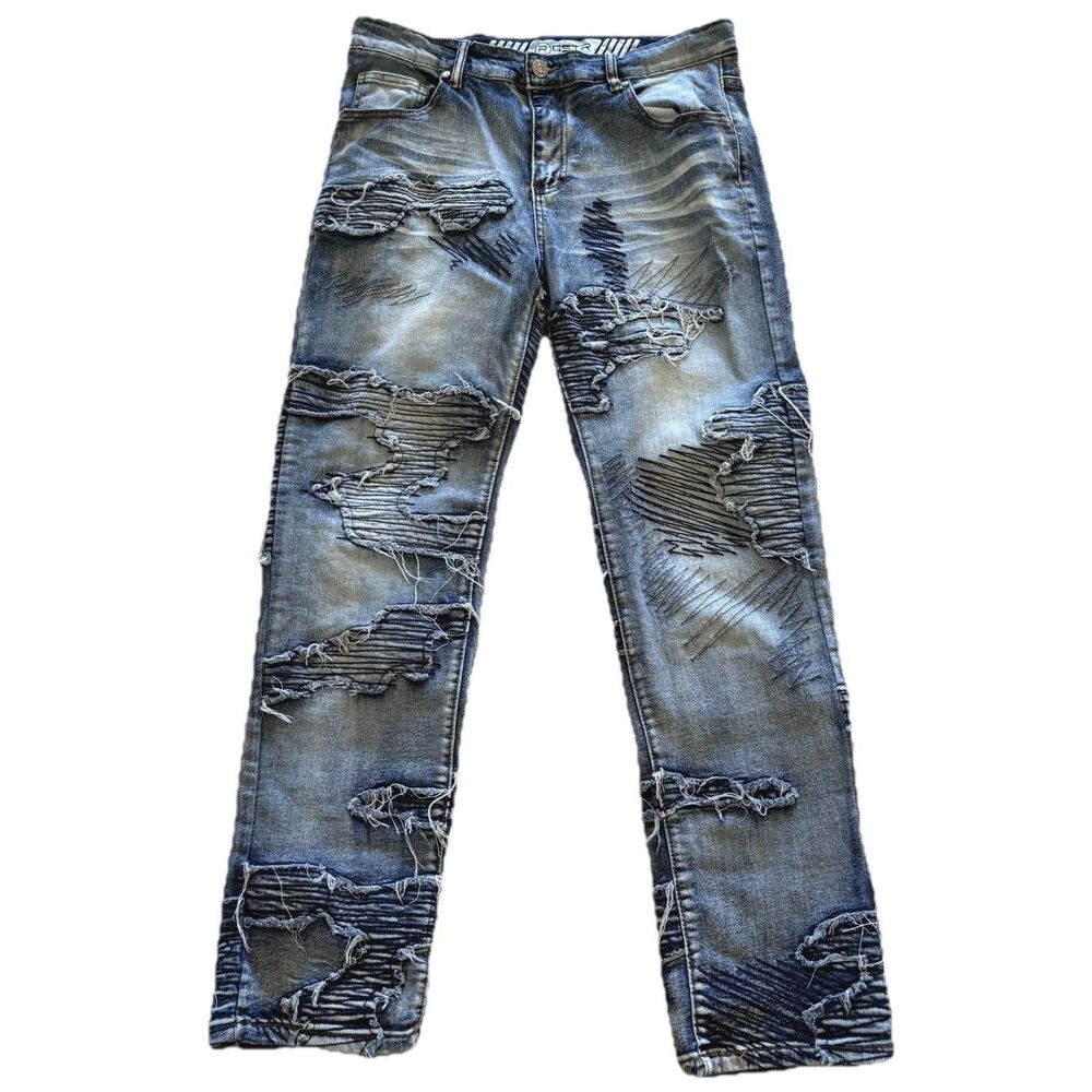G-Star Moto Biker Jeans Mens 34 Blue Distressed Ribbed Stretch Denim Embroidered
